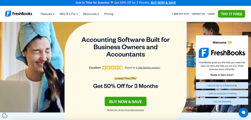 A screenshot of FreshBooks accounting software for small business homepage.
