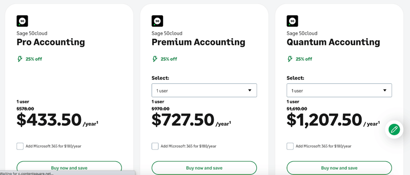 Examples of Sage 50cloud pricing on the Sage 50cloud accounting software for small business website.