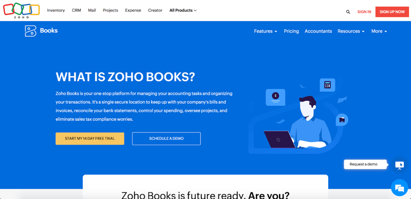 A screenshot of Zoho Books accounting software for small business homepage.