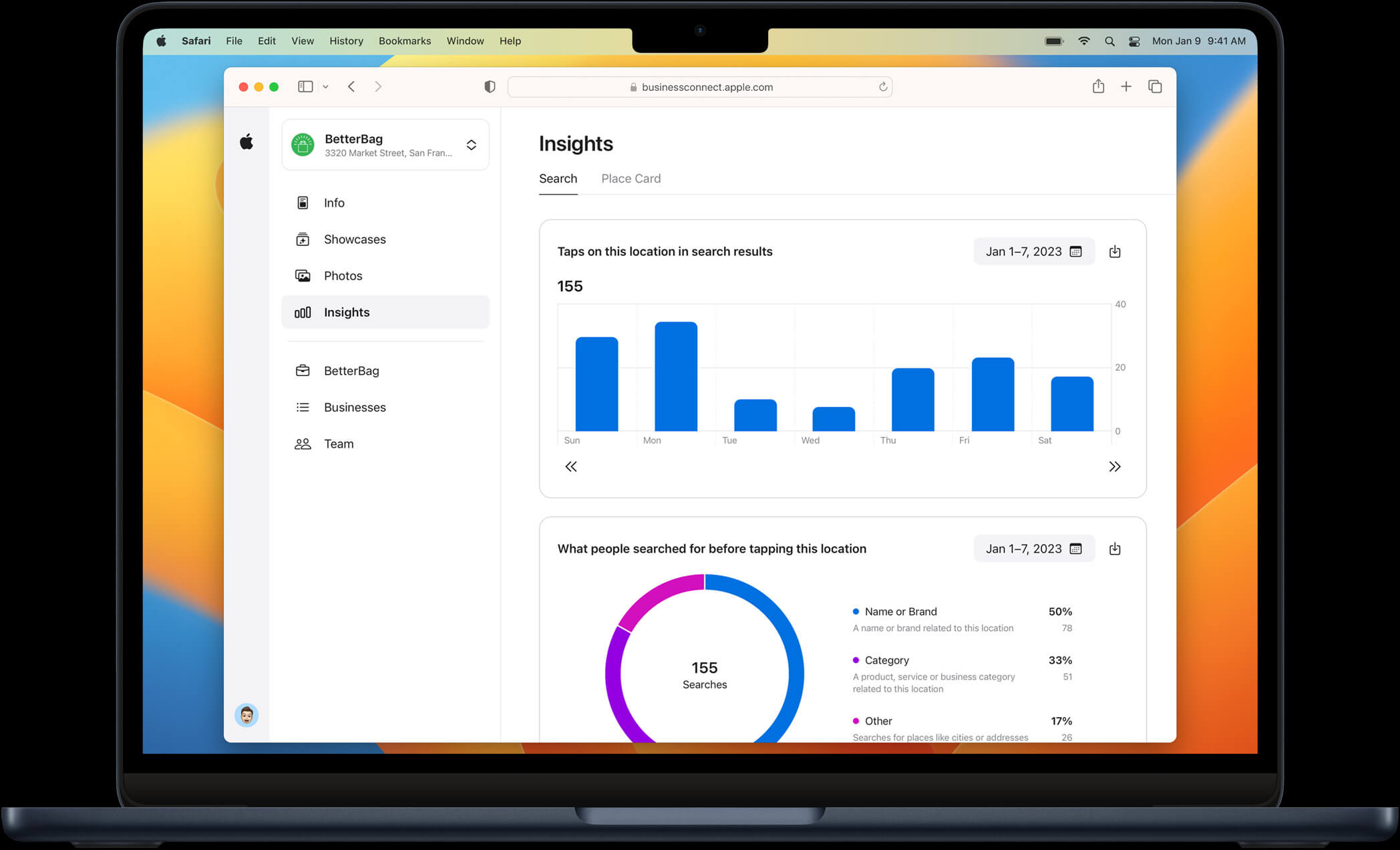 Preview of the Insights dashboard that local business owners can access through Apple Business Connect.