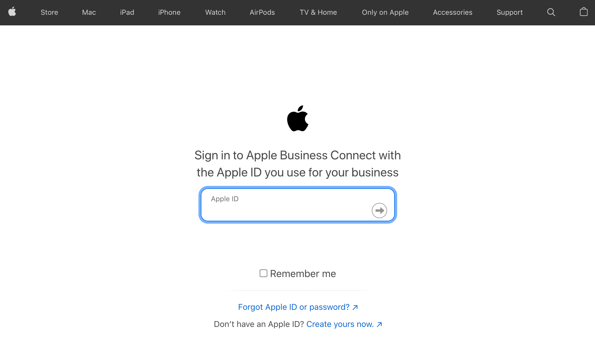 The page where you can sign in to Apple Business Connect with the Apple ID you use for your business.