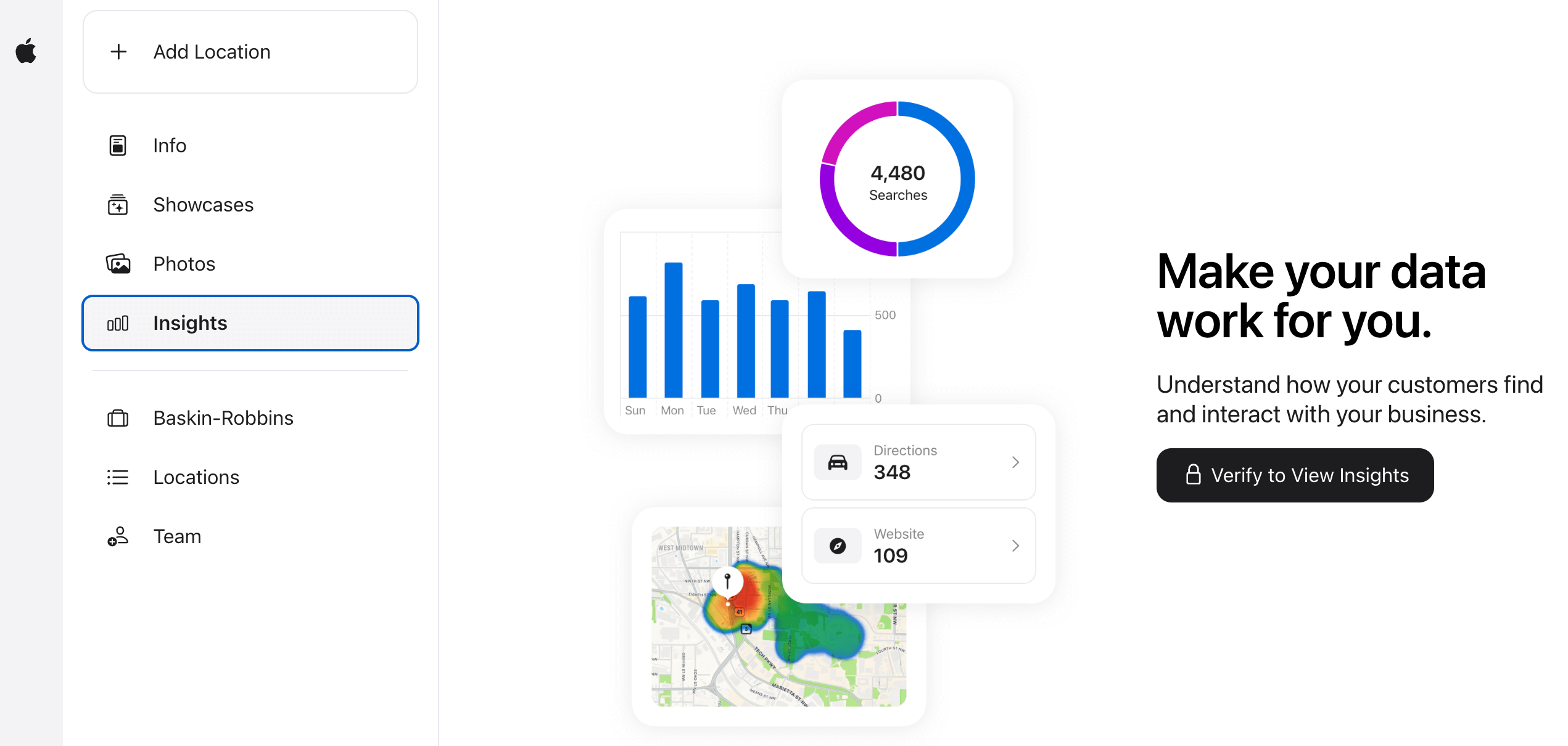 Make your data work for you with Apple Business Connect by using the Insights tab.