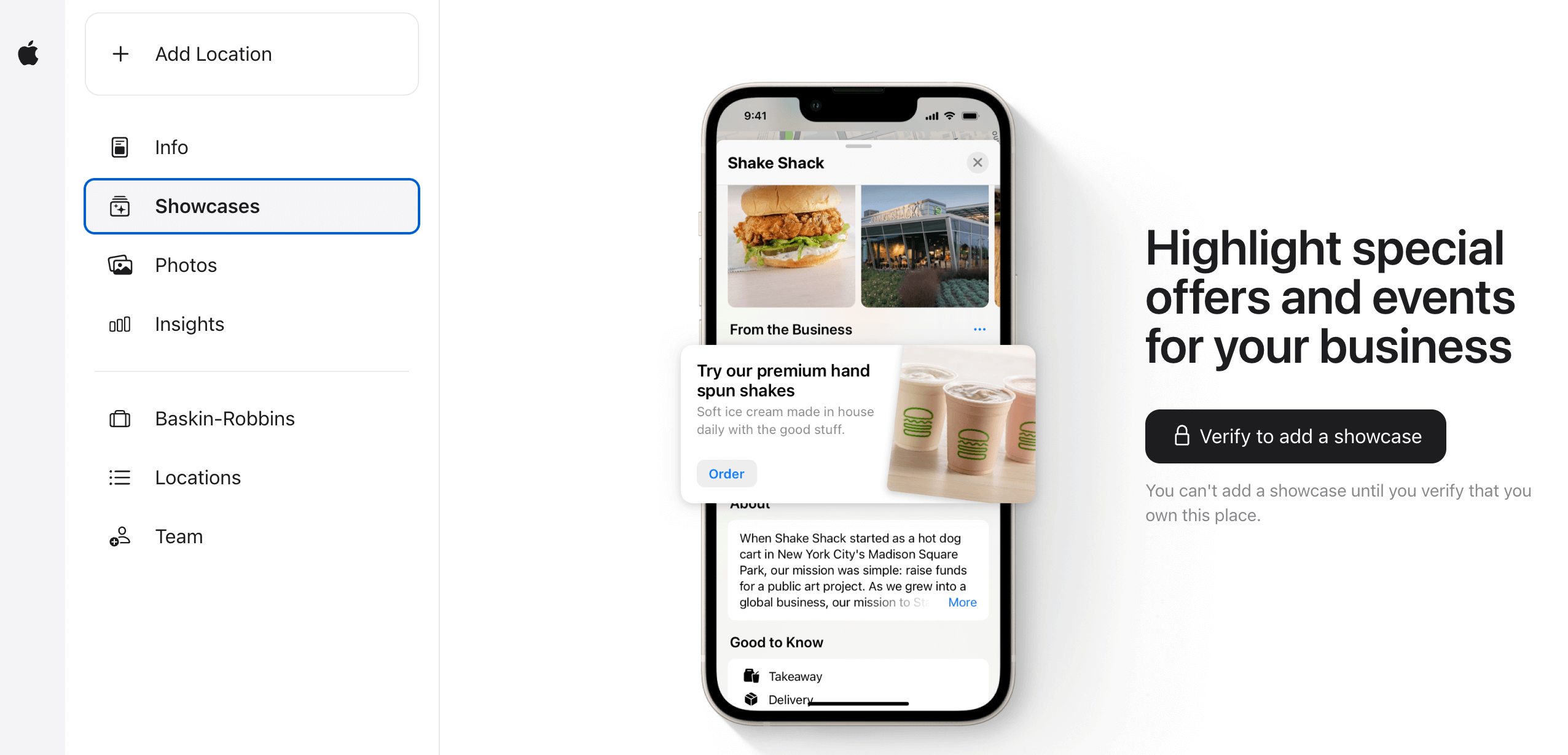 Highlight special offers and events for your local business by using Showcases in Apple Business Connect.