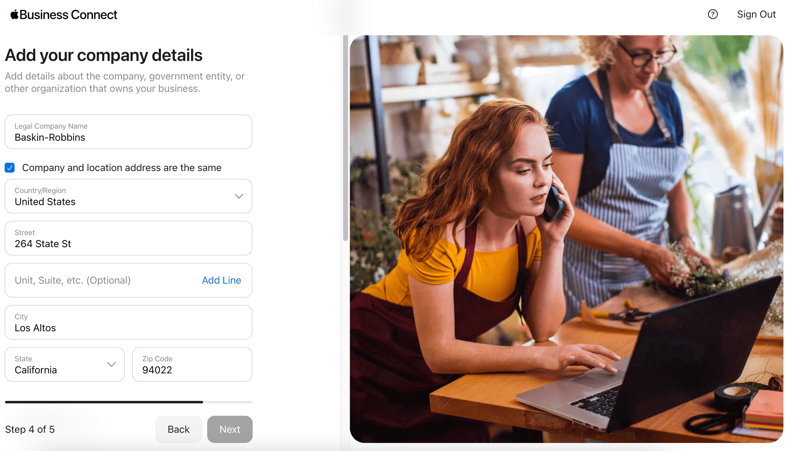 Step four of five to set up Apple Business Connect. Add your company details.