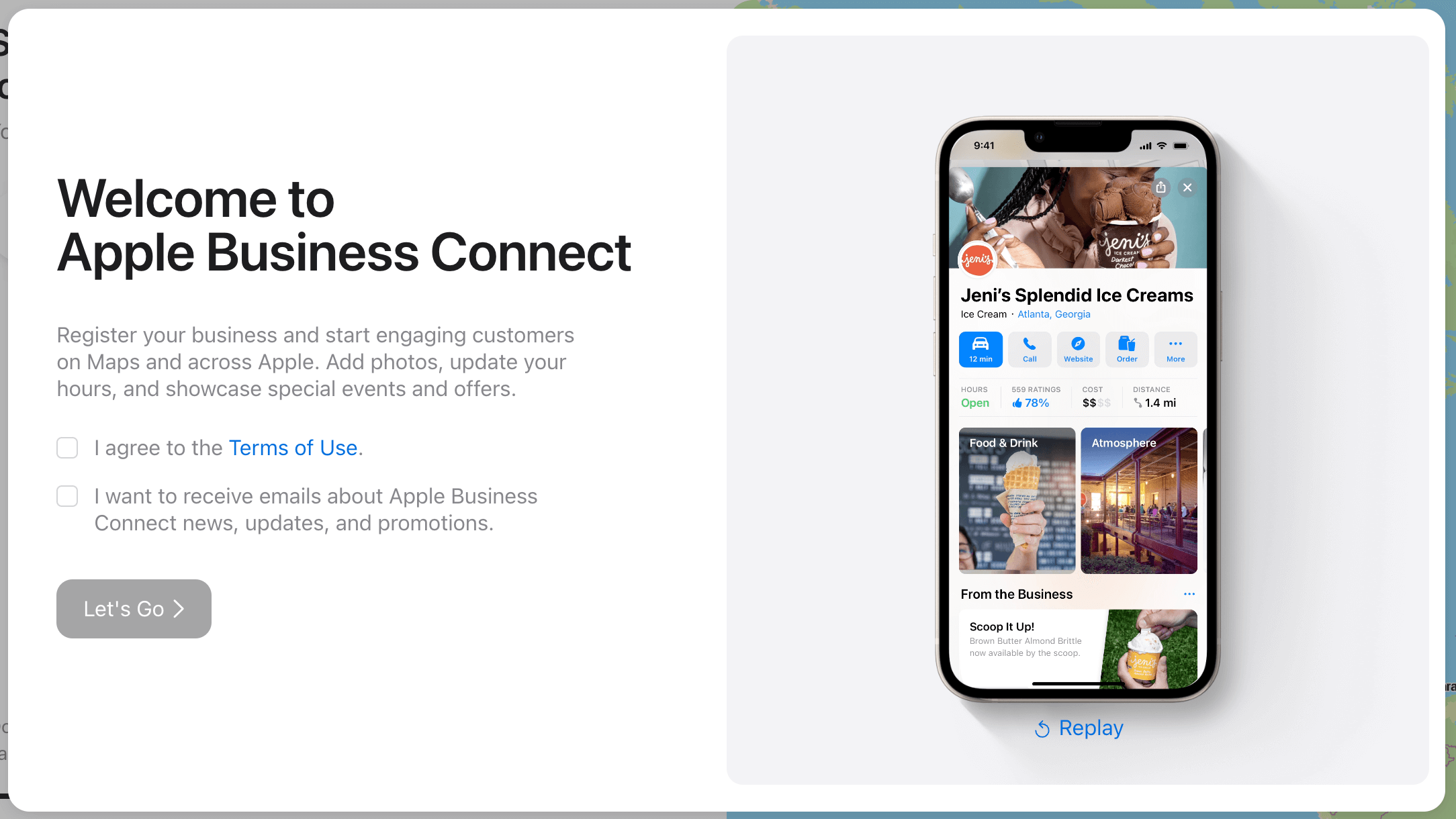 Apple Business Connect welcome page where you can register your business and start engaging customers on maps and across Apple.