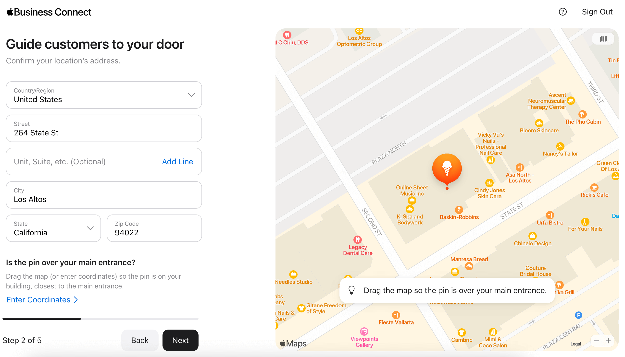 Step two of five to set up Apple Business Connect. Confirm your location's address to guide customers to your door.