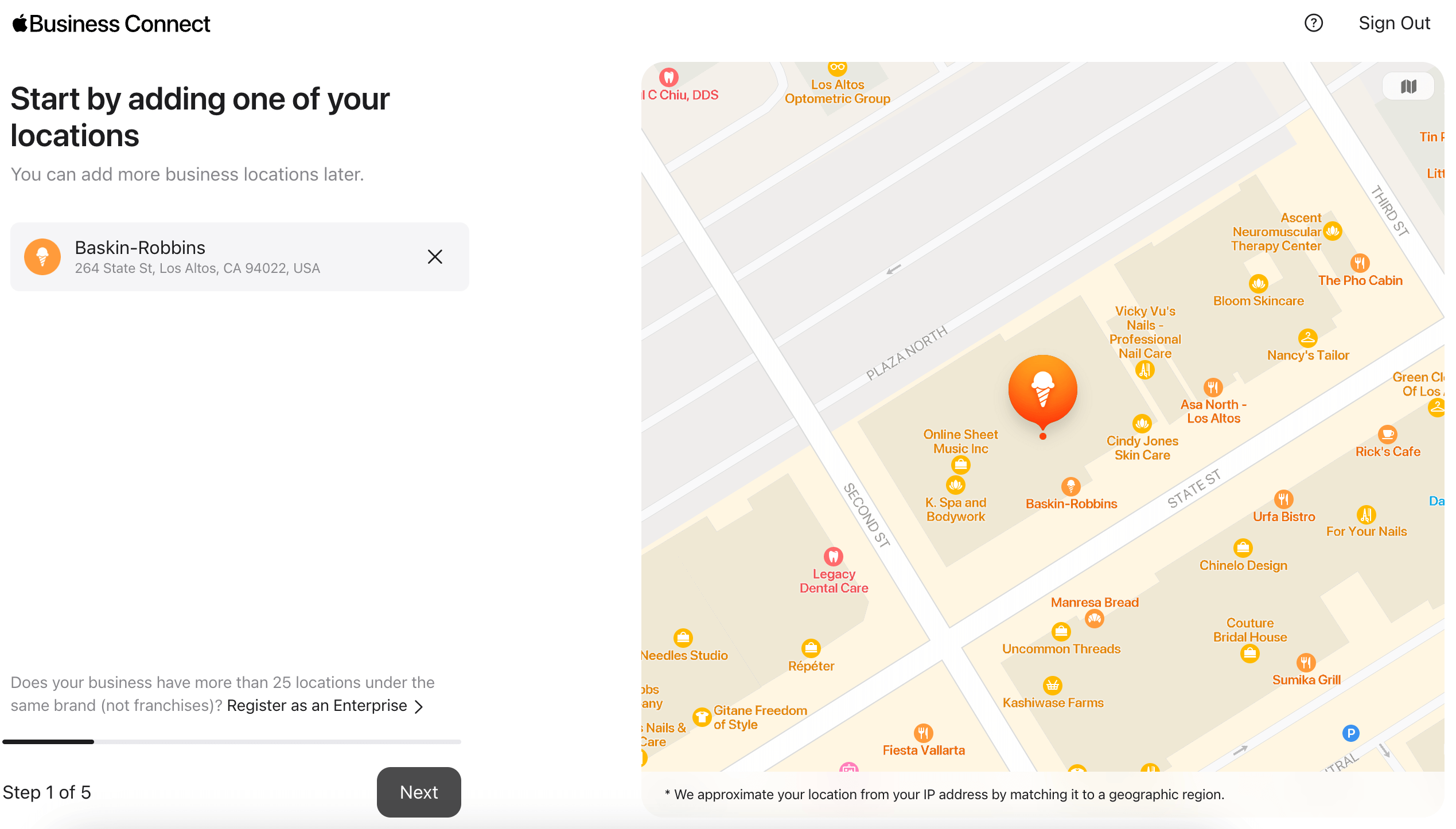 Step one of five to set up Apple Business Connect. Start by adding one of your locations.