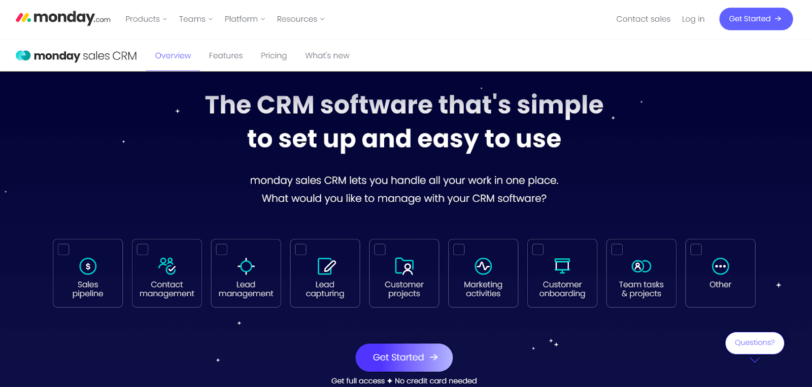 Screenshot of the best CRM for small business Monday homepage.