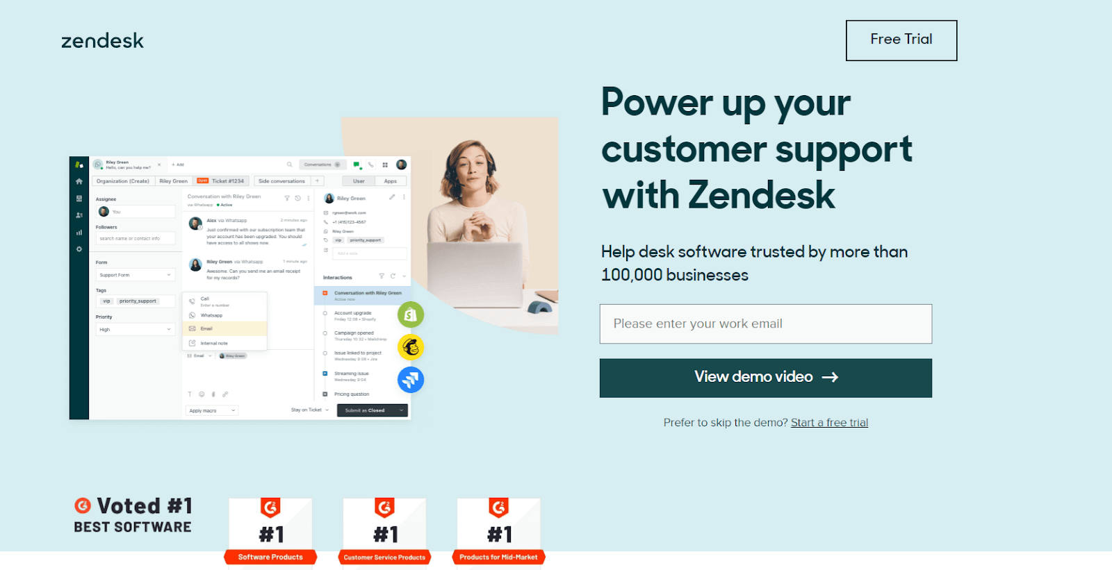 Screenshot of the best CRM for small business Zendesk homepage.