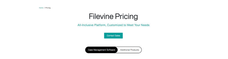 Screenshot of the best cloud-based legal practice management software Filevine pricing page.