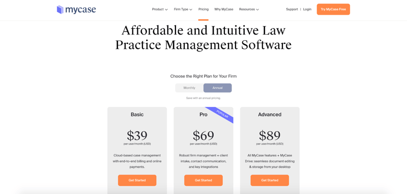 Screenshot of the best cloud-based legal practice management software MyCase pricing page.