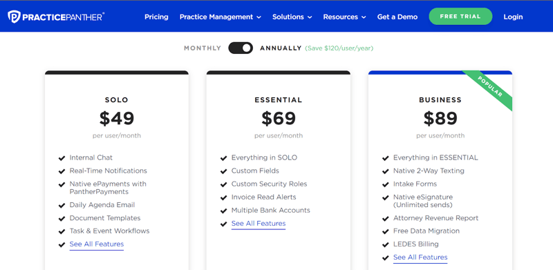 Screenshot of the best cloud-based legal practice management software PracticePanther pricing page.