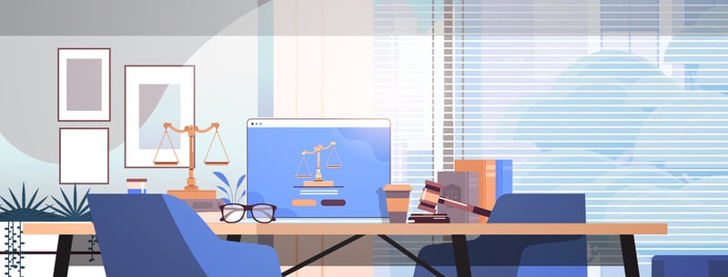 Illustration of a lawyer's work desk covered in a gavel, cup of coffee, eye glasses, a scale, and their laptop.
