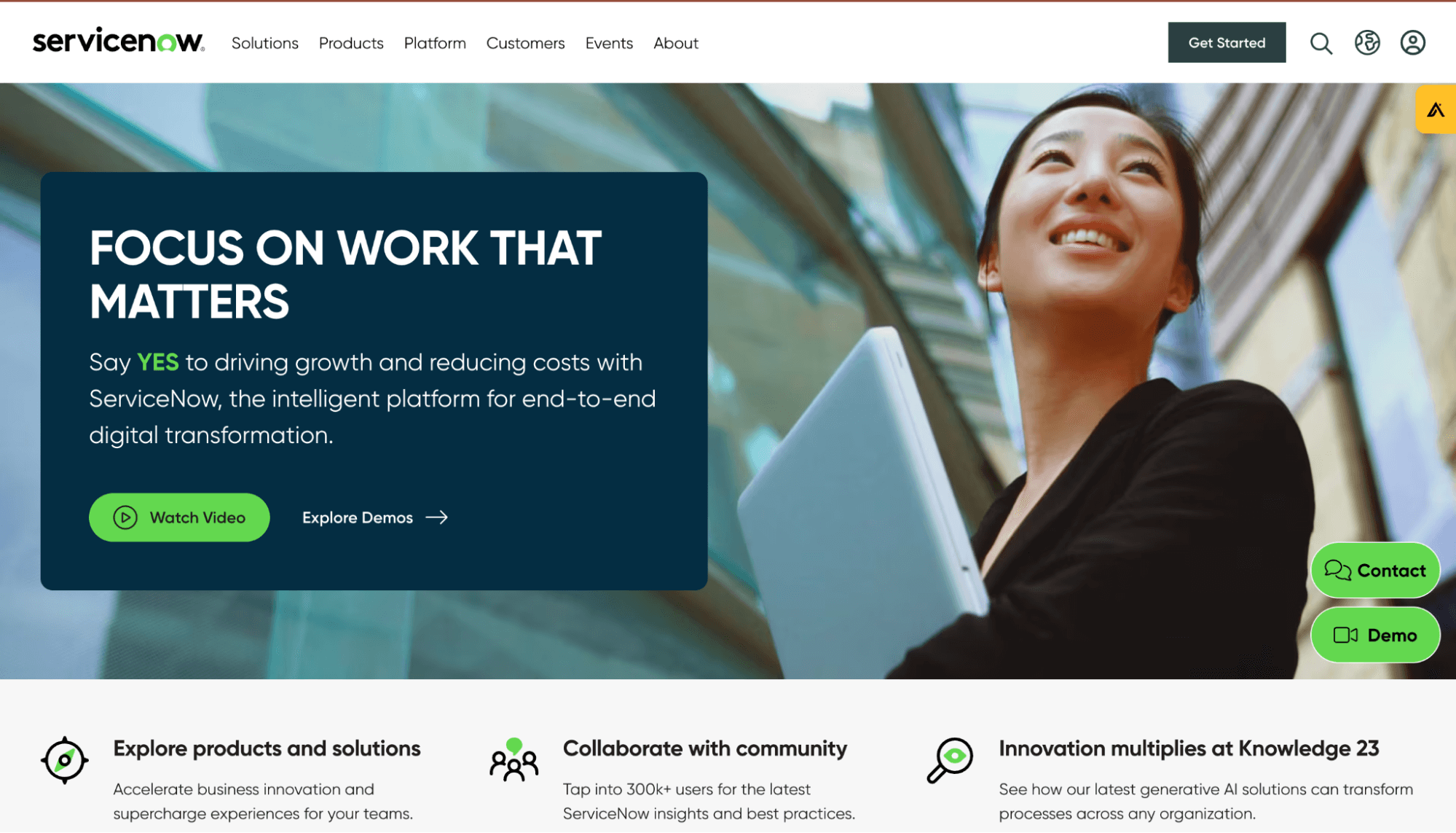 Screenshot of the ServiceNow homepage.