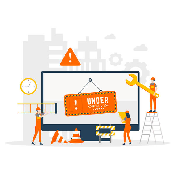 Illustrated construction workers holding tools and building an under construction website.