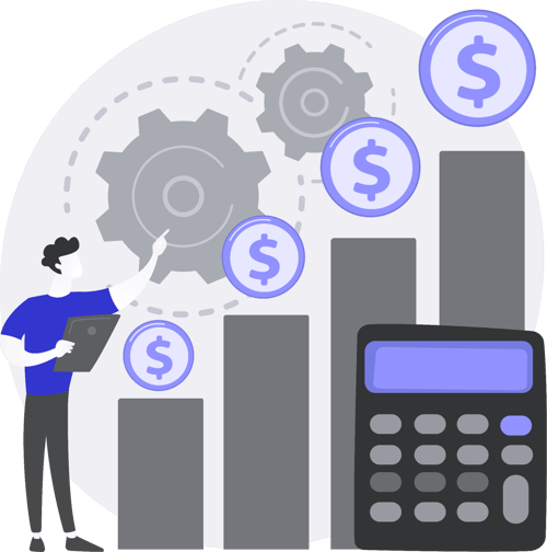 Illustrated person looks at a growing bar graph with dollar symbols increasing in size at the top of each one.