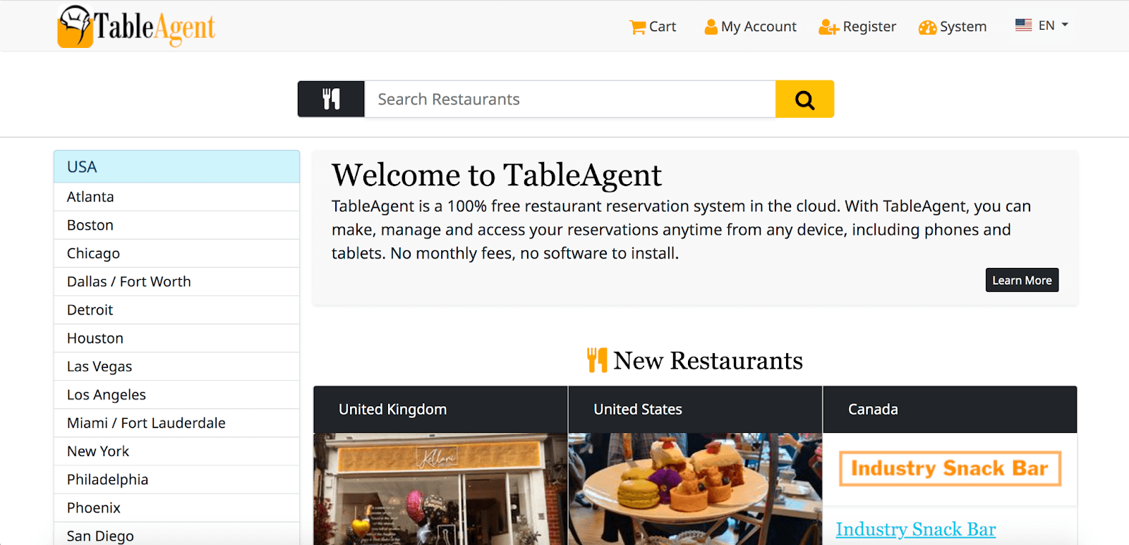 Screenshot of the best restaurant reservation software TableAgent homepage.