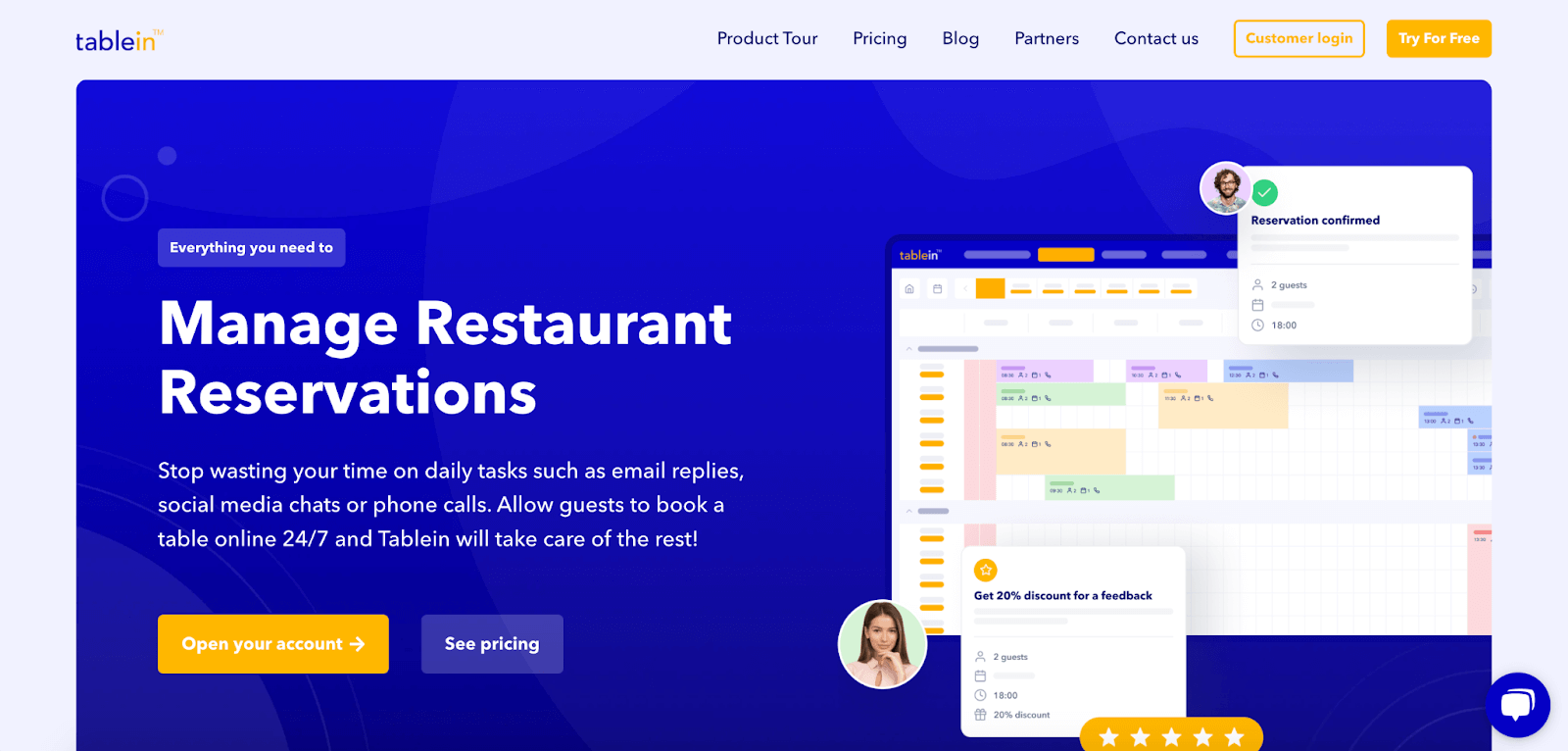 Screenshot of the best restaurant reservation software Tablein homepage.