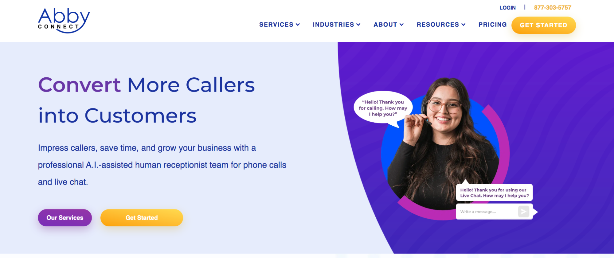 Screenshot of the Abby Connect homepage, one of the best virtual receptionist services for small business.