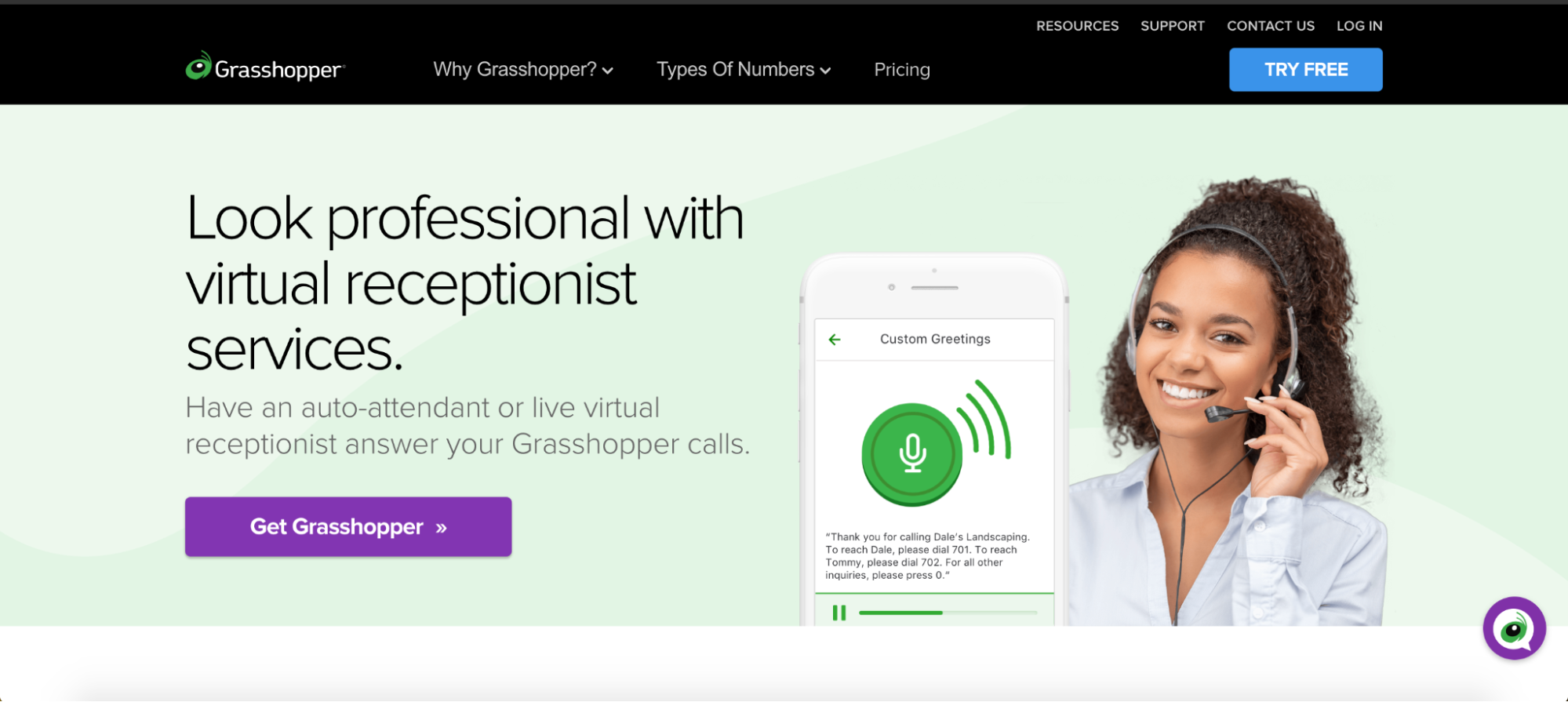 Screenshot of the Grasshopper homepage, one of the best virtual receptionist services for small business.