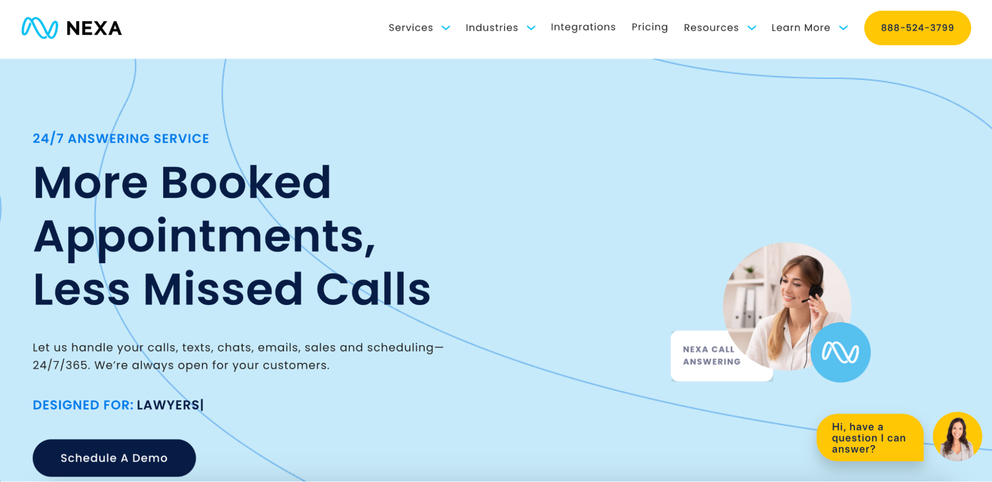 Screenshot of the Nexa homepage, one of the best virtual receptionist services for small business.