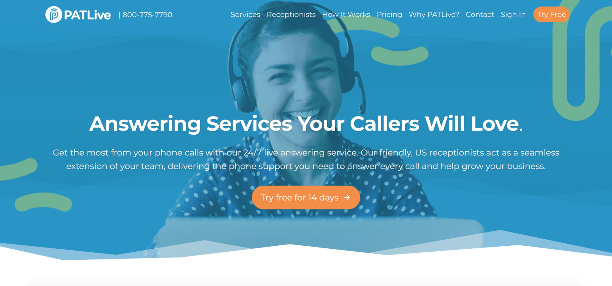 Screenshot of the PATLive homepage, one of the best virtual receptionist services for small business.