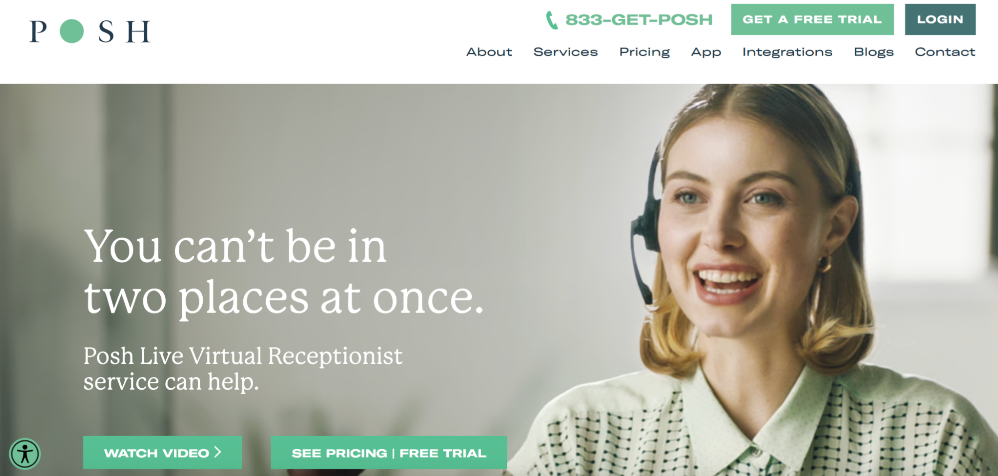 Screenshot of the Posh homepage, one of the best virtual receptionist services for small business.