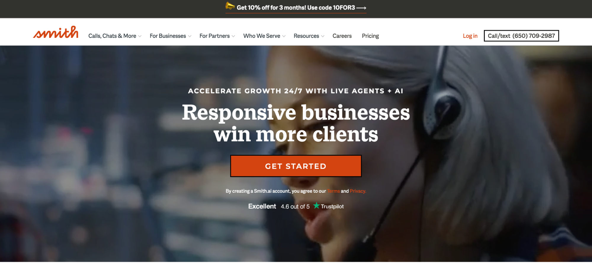 Screenshot of the SmithAI homepage, one of the best virtual receptionist services for small business.