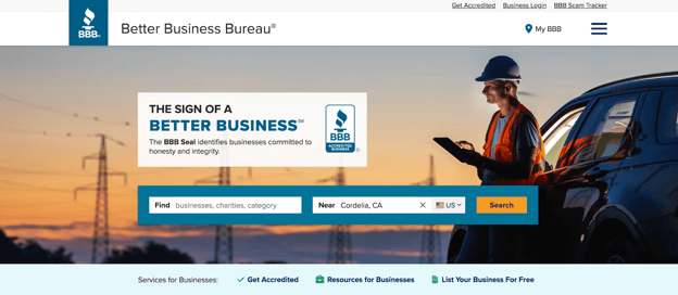 Better Business Bureau homepage.