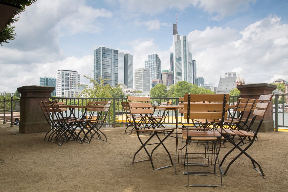 Cityscape in Frankfurt with Cafe Table and Chairs; Germany