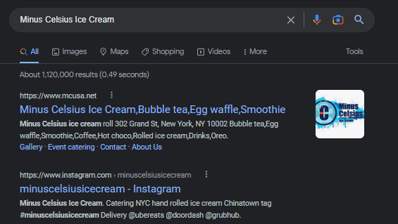 Example of Minus Celsius Ice Cream's Instagram page appearing at the top of the SERP for a branded search term.