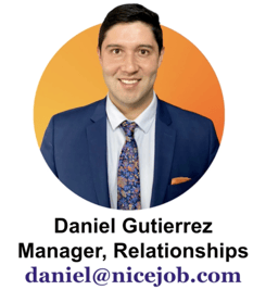 Headshot and NiceJob contact information for Daniel Gutierrez, Relationships Manager.