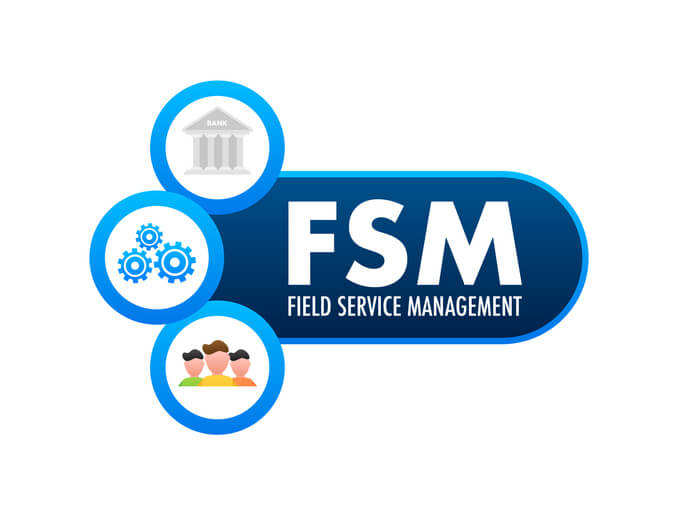 A field service management image with three icons including a bank, spinning gears, and customers.