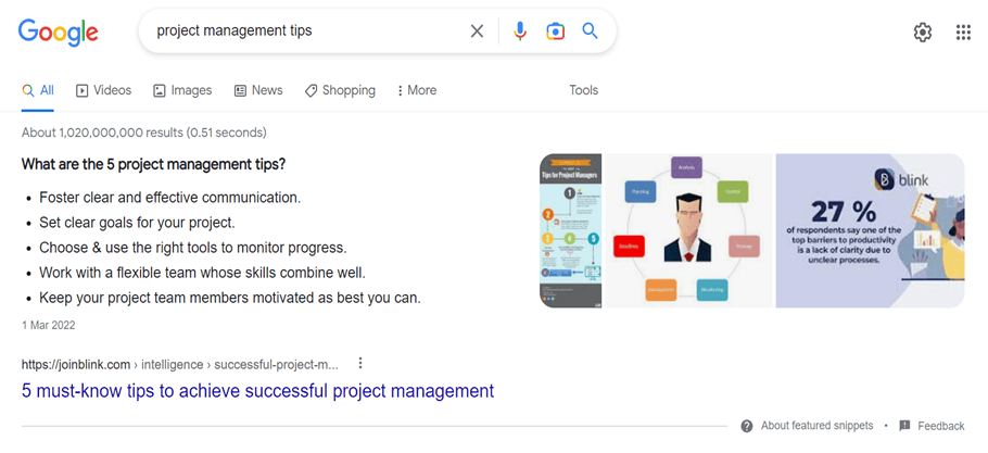 Example of a web page ranking in the top spot of a Google SERP for the keyword project management tips.