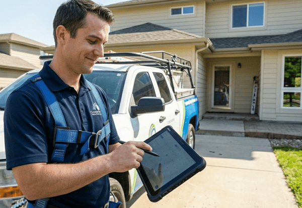 window cleaning contractor in front of home with a tablet