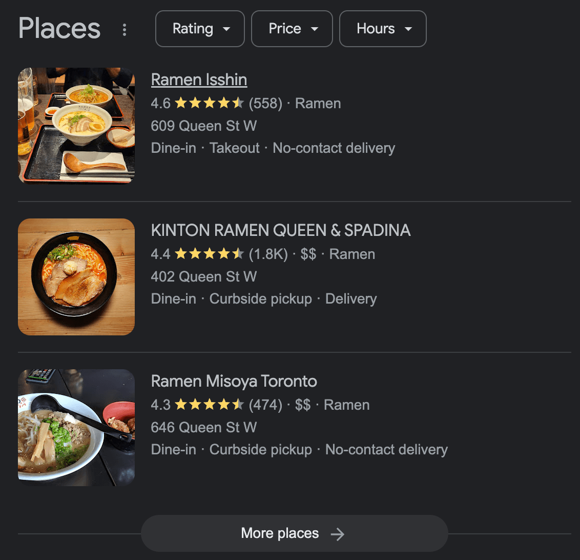 Example of Toronto ramen restaurants appearing in the Google local map pack.