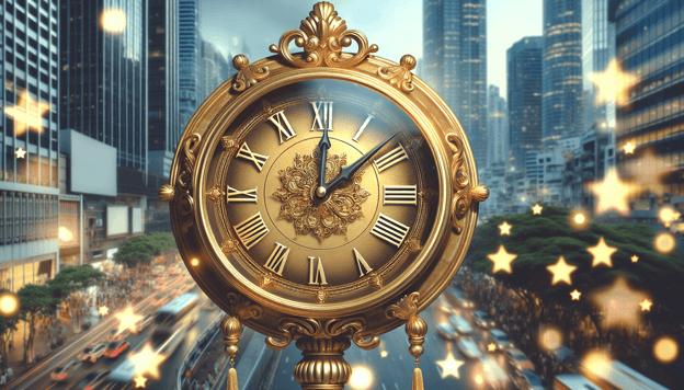 An ornate clock with a city background.