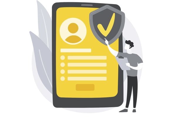 Illustration of a person pointing to a mobile device with approved information about their business.