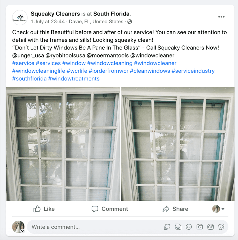 Example of Squeaky Cleaners, a window cleaning company, using social media to show a before and after photo as a reputation marketing tactic.