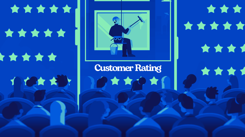 Animation of a professional window cleaner suspended in the air with the words "customer rating" underneath them, with people watching his work.