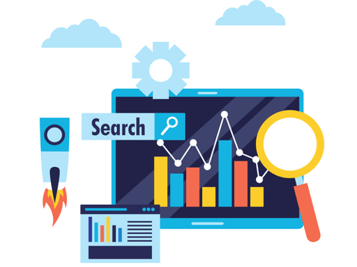 Aspects of search engine marketing like higher rankings, targeted campaigns, and different types of charts and graphs with data.