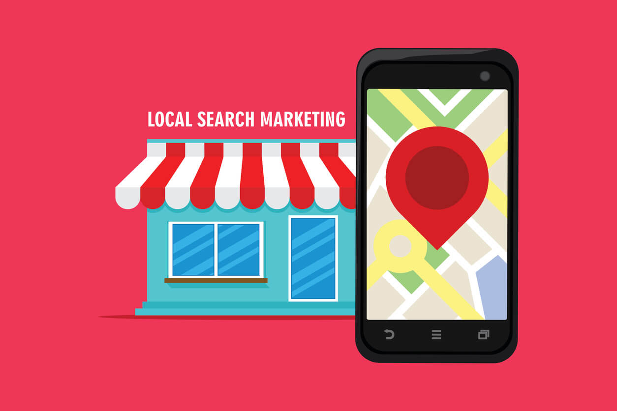 A physical business location and mobile map illustrating local search marketing.