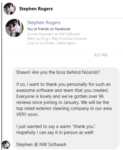 5f73809e9be86a45989df06c_SCreen shot of direct message to Shawn Hill of NiceJob about NiceJob