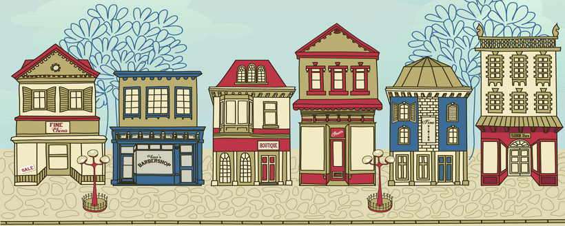 Local Business Spotlight website header with an illustrated row of shops.