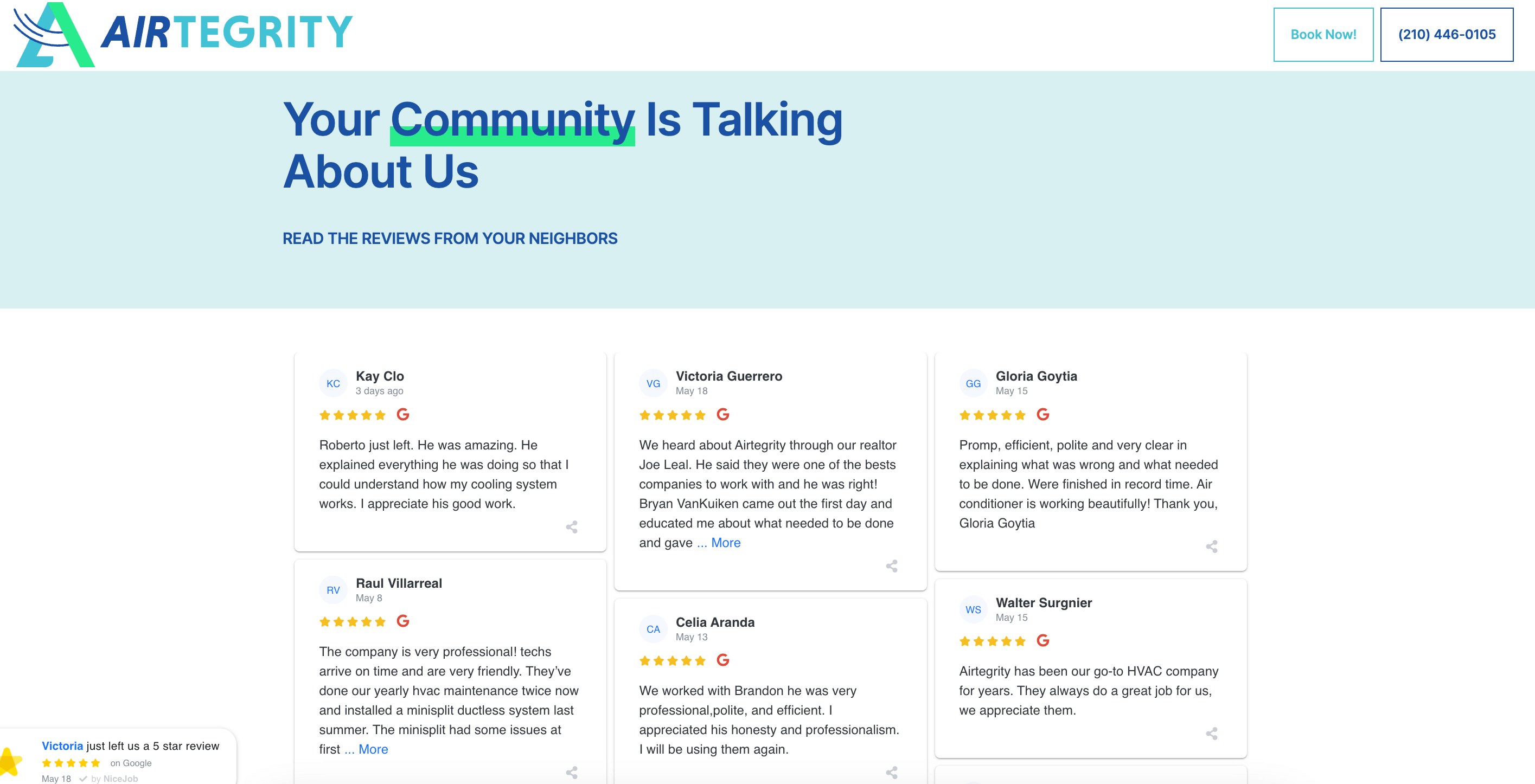 Local content marketing example of Airtegrity's reviews page.