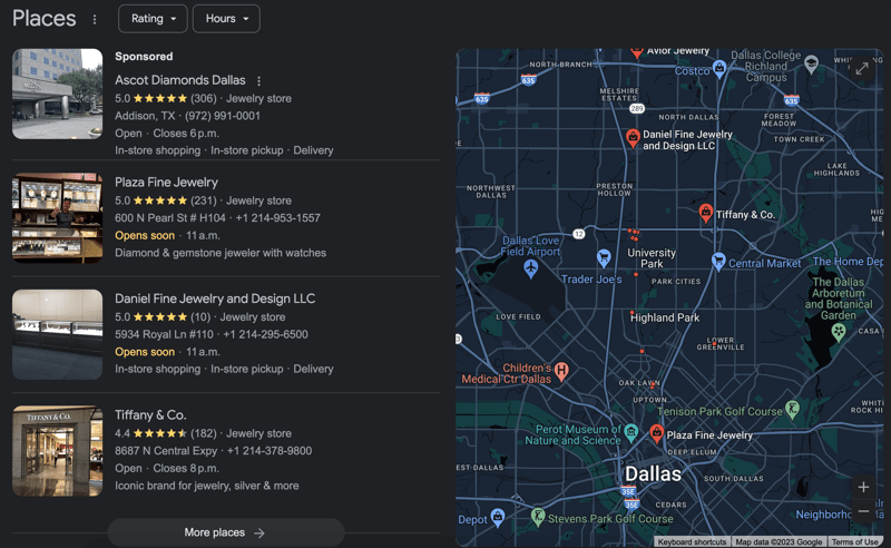 Example of local search pack for Jewelry stores in Dallas, Texas. 