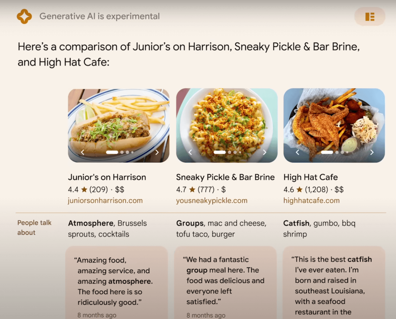 Example of generative AI response for a local restaurant search result.