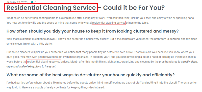 Example of a local business who is trying to rank for the keyword "residential cleaning service" on their blog.