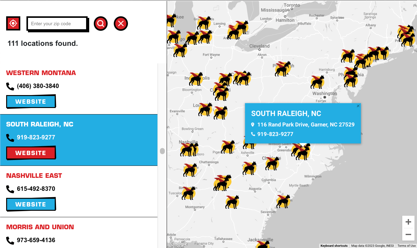 Hyper-localized marketing location map from Might Dog Roofing.