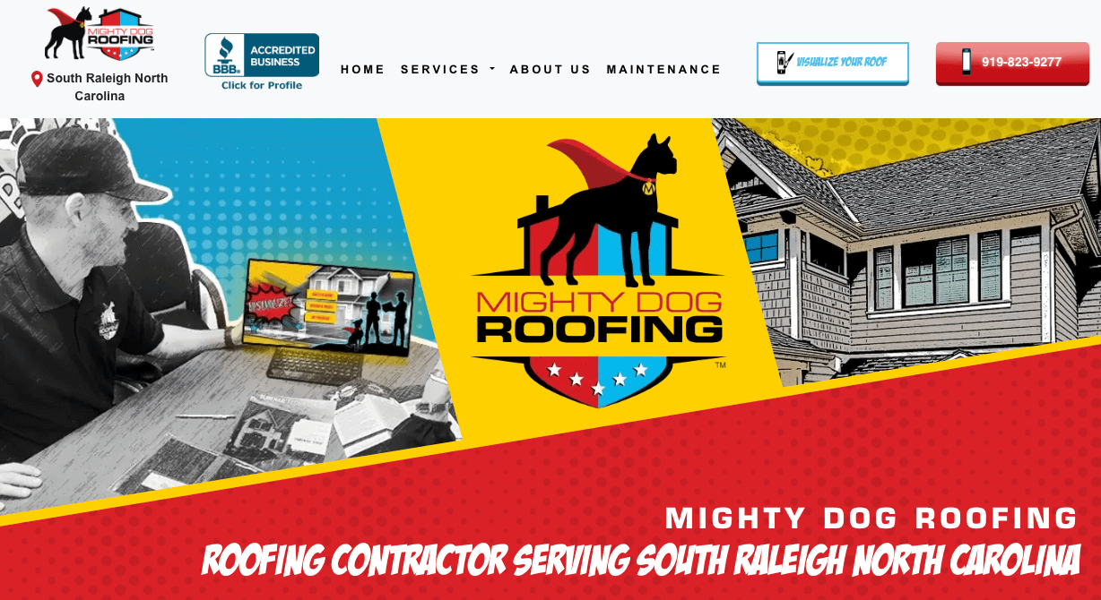 Hyper-localized marketing landing page example from Might Dog Roofing.